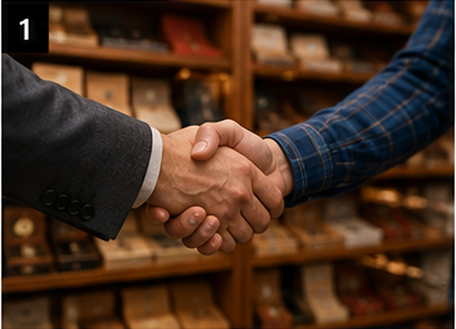 Sales representative shaking hands with a retailer in a cigar shop.