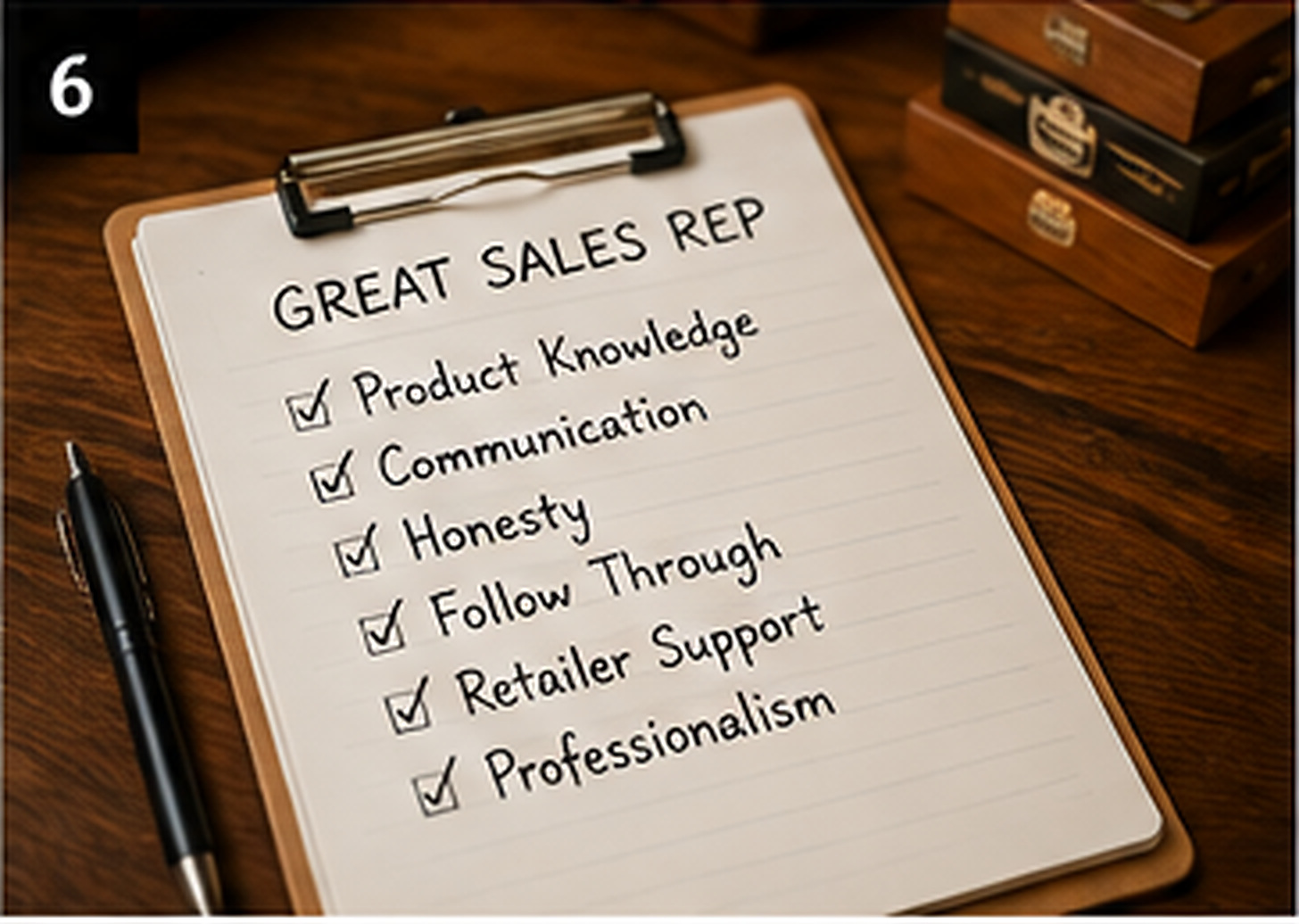Checklist representing product knowledge, communication, honesty, follow-through and retailer support.